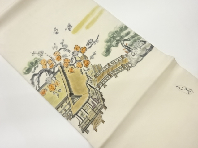 作家物　塩瀬手描き屋敷に花鳥模様開き名古屋帯（額縁仕立て）